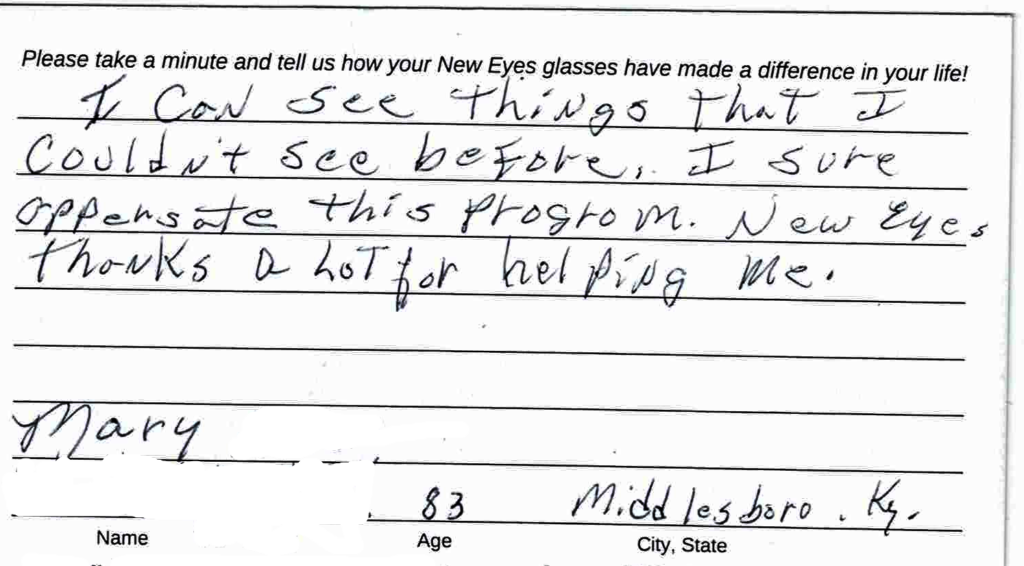 Handwritten note from New Eyes' glasses recipient