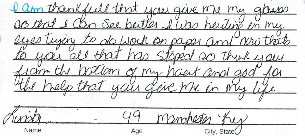 Note from Kentucky Recipient of New Eyes glasses