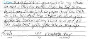Note from Kentucky Recipient of New Eyes glasses