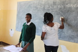 A peer leader teaching other girls HE.