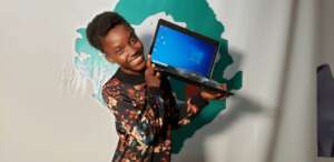 Salma with her new laptop