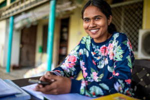 Chandani looking up from an online class