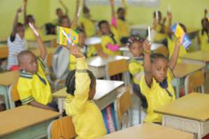Kids in class displaying their new school supplies