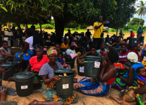 Displaced people receiving hygiene supplies