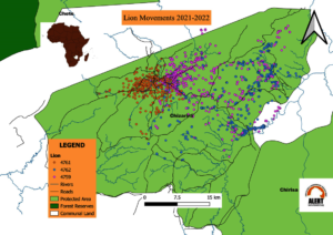 Map showing lion movement out of the Park