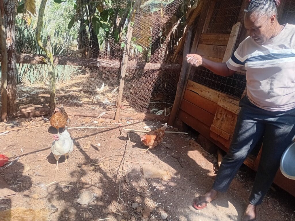 Delfina Karimi in her poultry farm, Mituntu