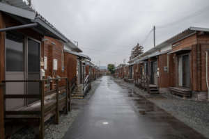 Temporary home made with Logs in Fukushima
