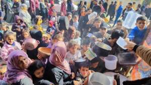 People gathered for the hot meals