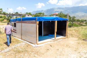 Exterior of a newer "tent" home.