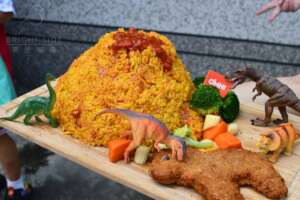 Vegan dinosaur fried steak with volcano rice