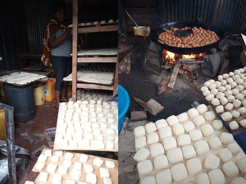 The owner of the project and doughnuts being fried