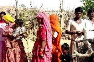 Villagers in a line at a medical camp