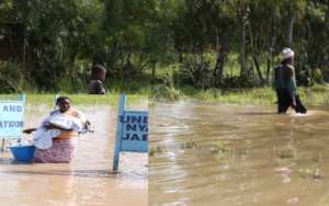 Awomen Escaping the flood area to a higher ground
