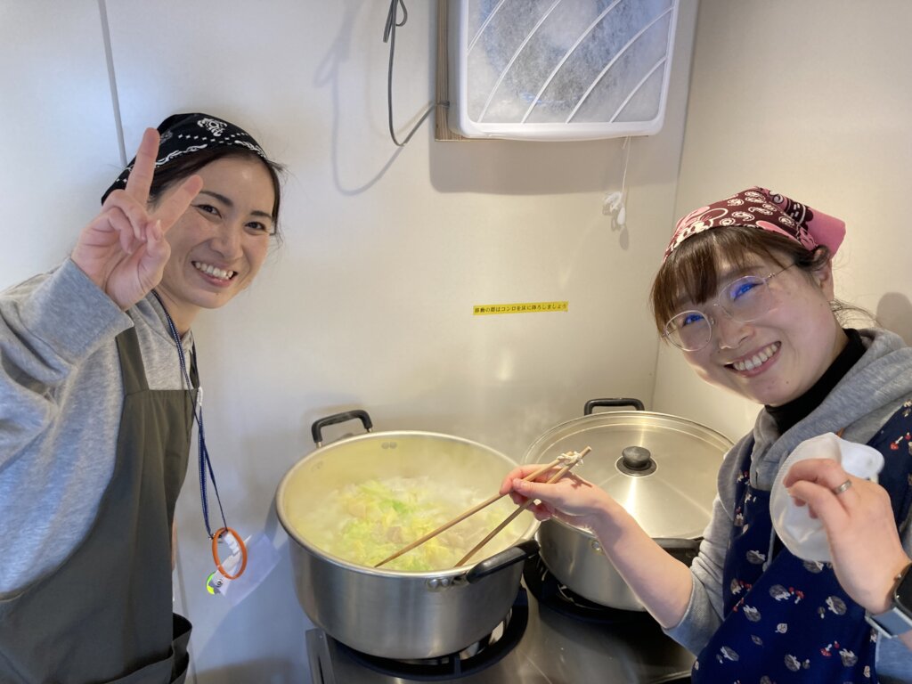 Support workers making soup in the Kitchen Car