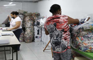 Sorting donated fabric remnants