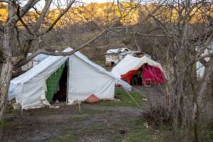 A tent home in winter