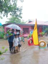 A school flooded by a tropical storm