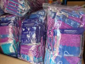 Boxes full of BeGirl period underwear for PS Girls