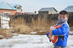 At a food distribution in Mongolia