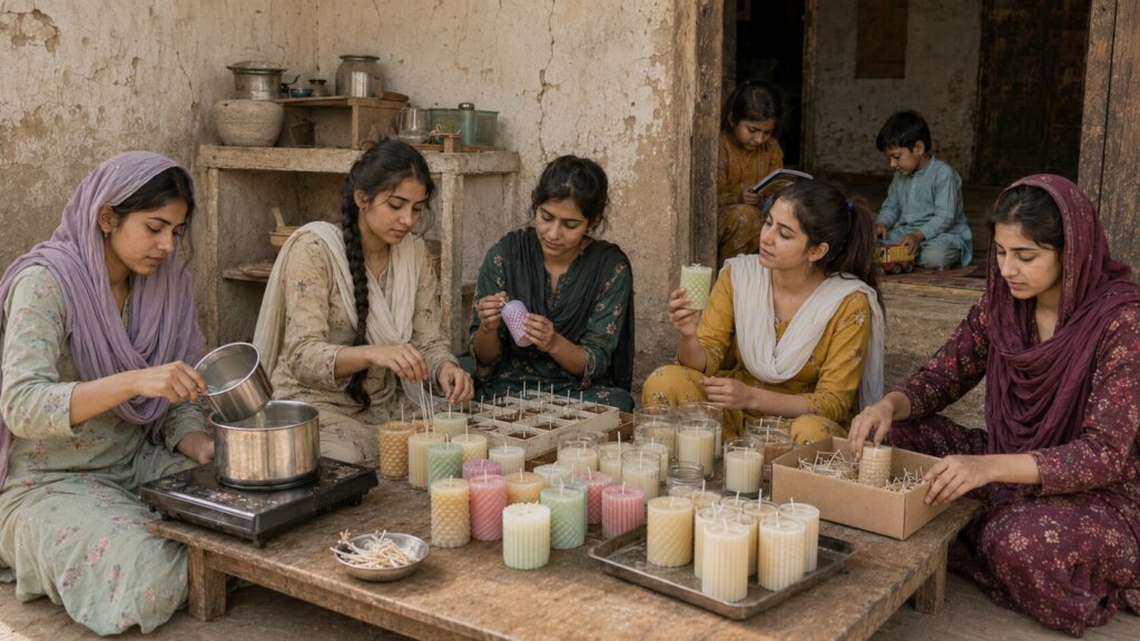 young women developing candle-making and packaging