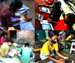 Children studying through smartphones & tabs
