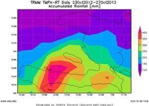 A NASA satellite image of rainfall by Hurr. Sandy