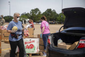 Volunteers loading trunk with produce
