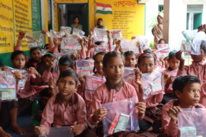 Children with hygiene kits