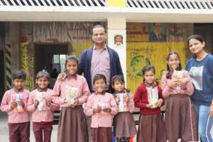 School children with hygiene kits