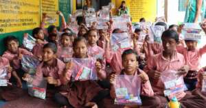 School children with hygiene kits