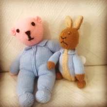 A teddy knitted by Elena who runs knitting group!