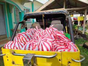 Colorful packages of food relief to distribute