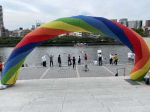 Rainbow arch on the riverside