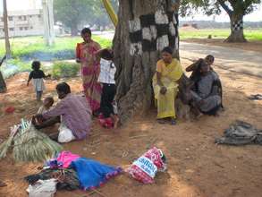 Migrants live under tree and making brooms