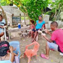 Enjoying lunch after volunteer work