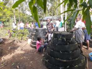 girls making multistory gardens for growing veggie