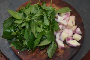 Gathered wild greens and yam