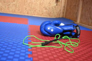 Gloves and rope ready before boxing class.