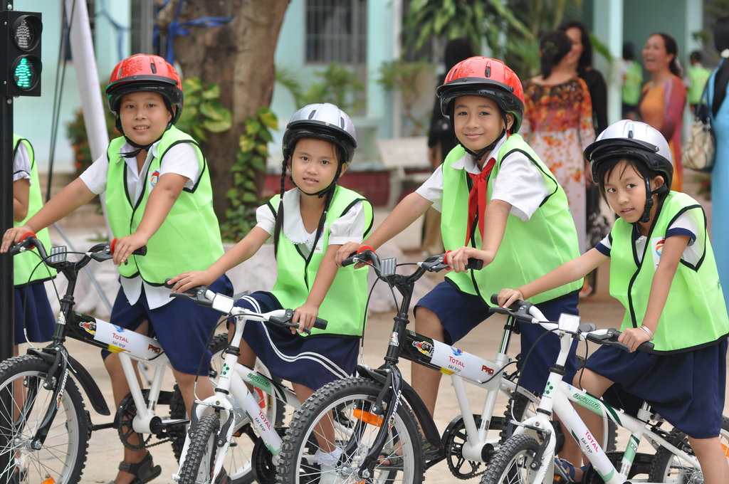 Students practice at a traffic safety corner