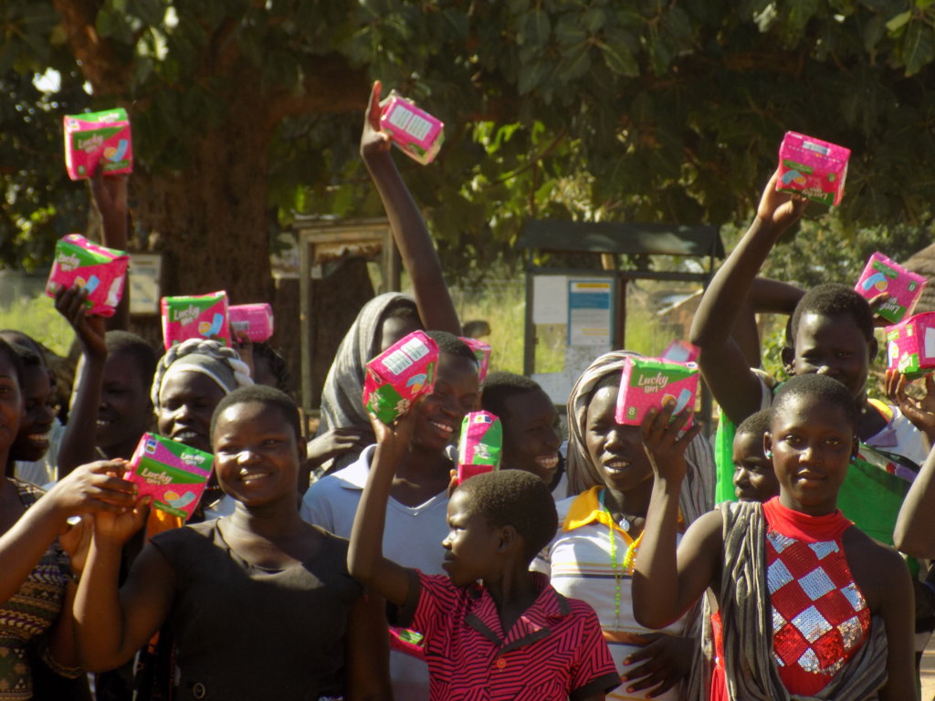 Refugee girls at Adjumani after receiving pads