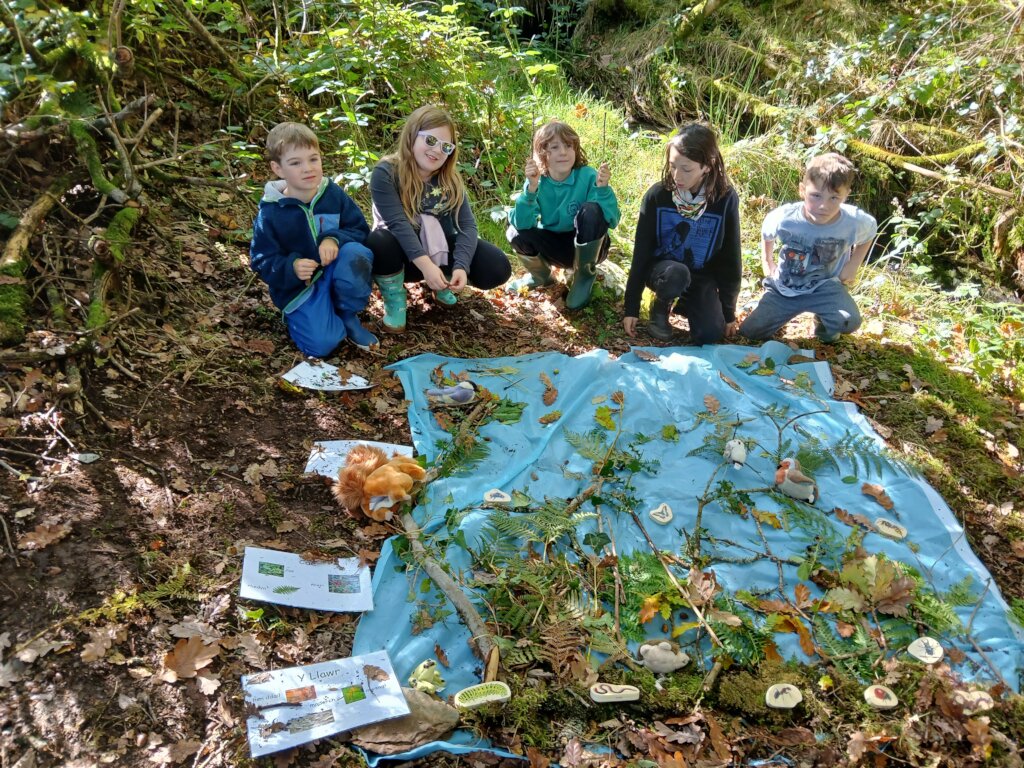 Pupils creating a collage with natural materials