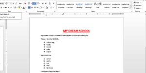 Learner's completed Microsoft Word exercise.