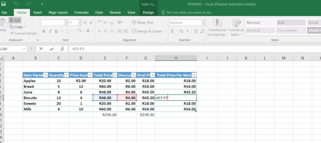Microsoft Excel assessment completed by Ntando.