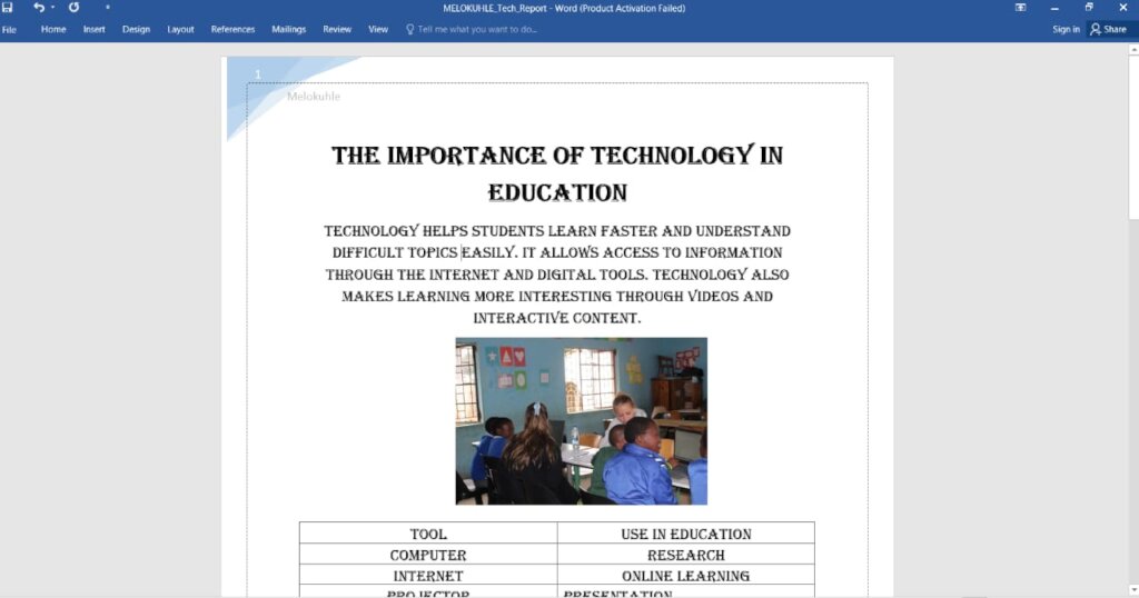 Microsoft Word assessment completed by Melokuhle.