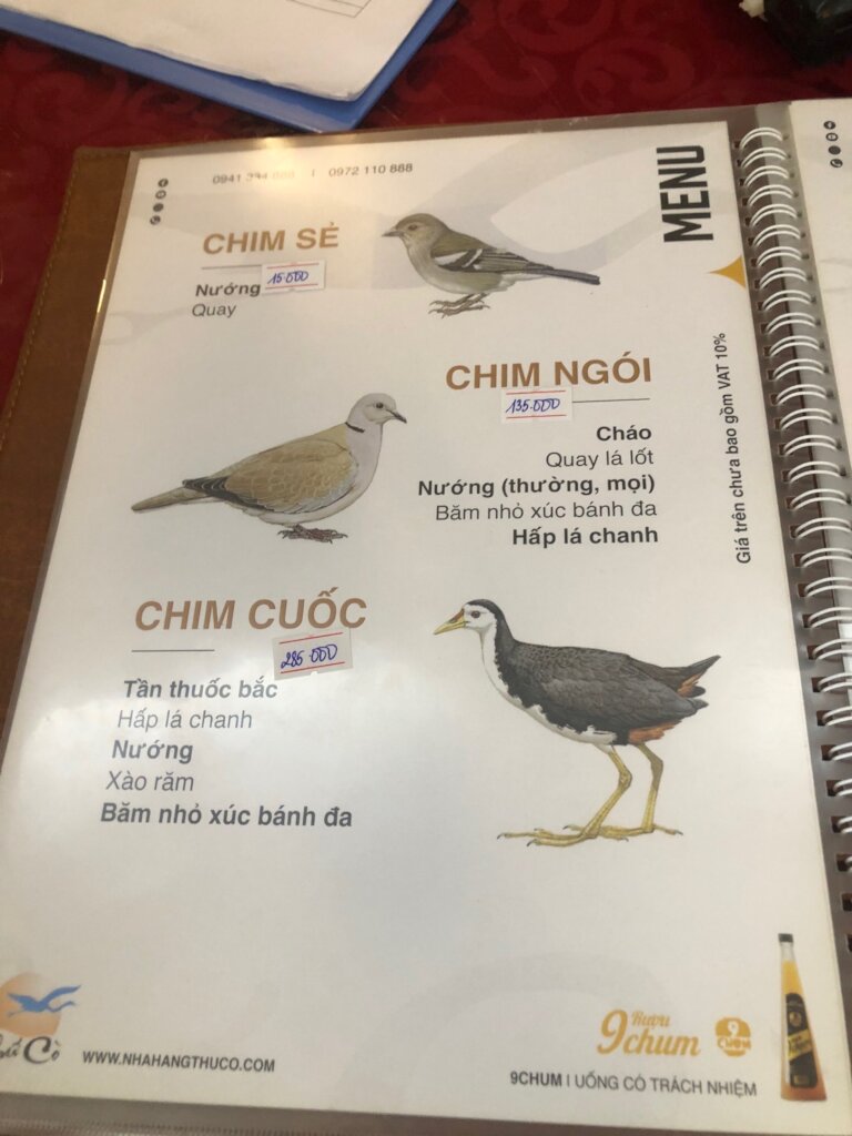 Restaurant advertising wild birds in their menu