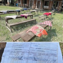 Cushions & papers drying outside Ram Janaki School
