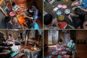 Students cooking satay, klepon, pizza, and sushi