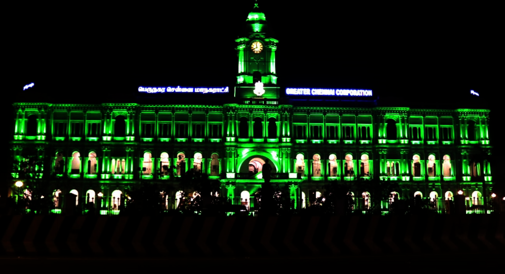 Greater Chennai Corporation Building lit in Green