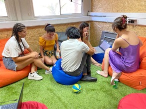 A bean bag meeting in The Base Ideation Lounge