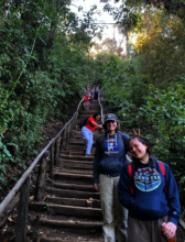 Descending the crater-lake steps to harvest leaves